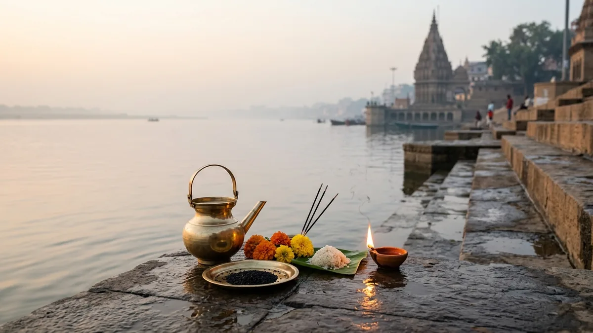 Traditional ancestor offering with water, sesame seeds and a lamp beside a river