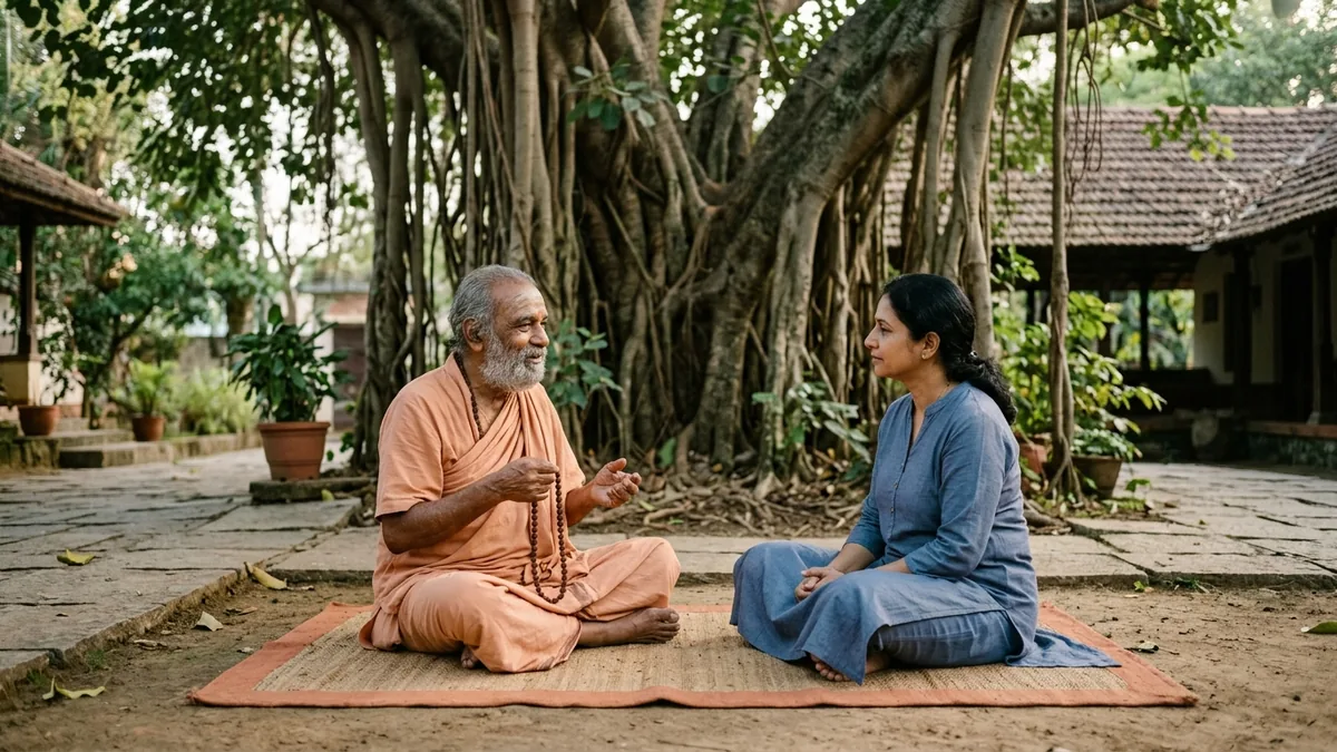 An elderly sanyasi speaking with a visitor in an ashram courtyard