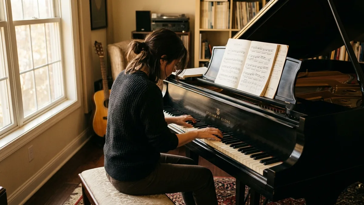 Musician practising at a piano in a warmly lit studio